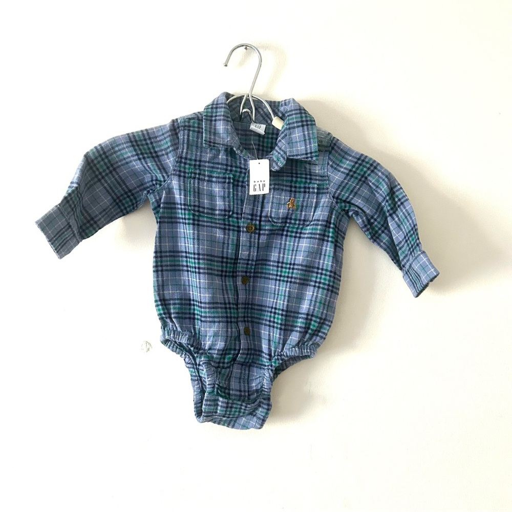Gap Baby Long Sleeve Blue Plaid Bodysuit Size 12 - 18 Months NWT